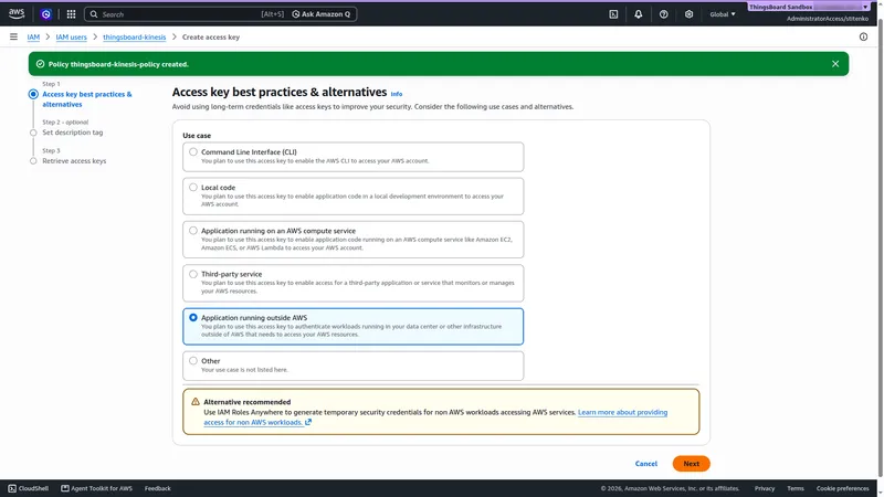 Create access key wizard with the use case Application running outside AWS selected