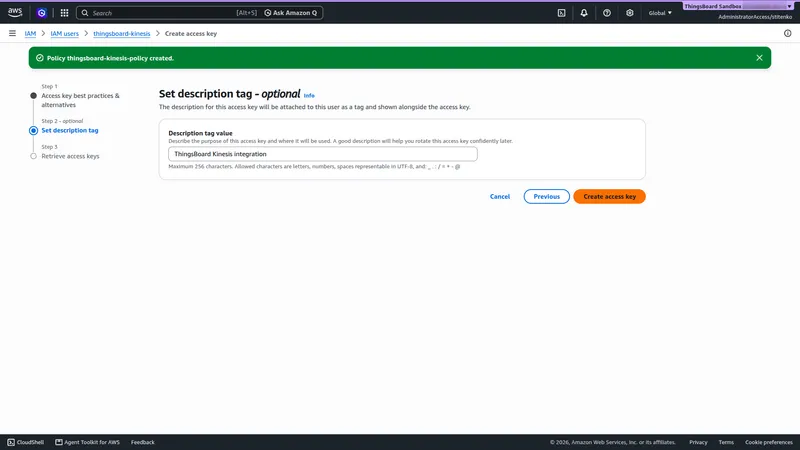 Create access key wizard, Set description tag step, with the value ThingsBoard Kinesis integration