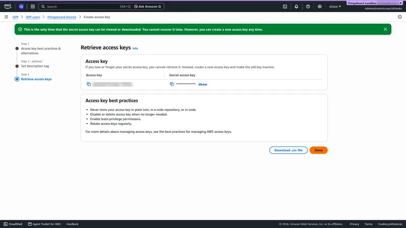 Create access key wizard, Retrieve access keys step, with the access key and the hidden secret access key