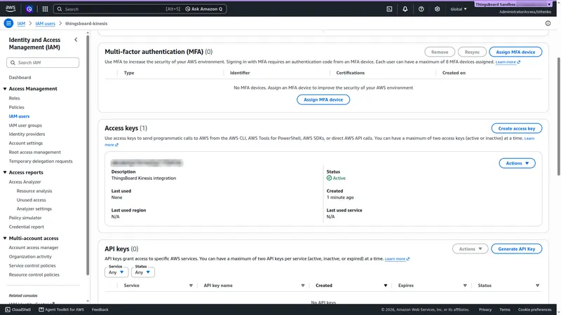 IAM user thingsboard-kinesis, Access keys section with one active key and its description