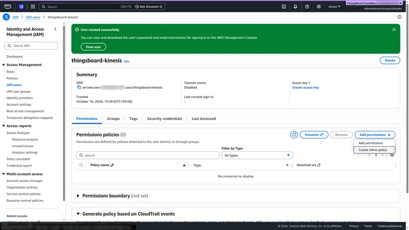 IAM user thingsboard-kinesis, Permissions tab, Add permissions menu with Create inline policy