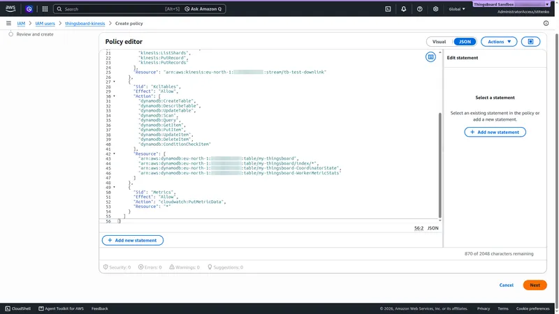 IAM Policy editor in JSON mode with the integration policy and no errors or warnings