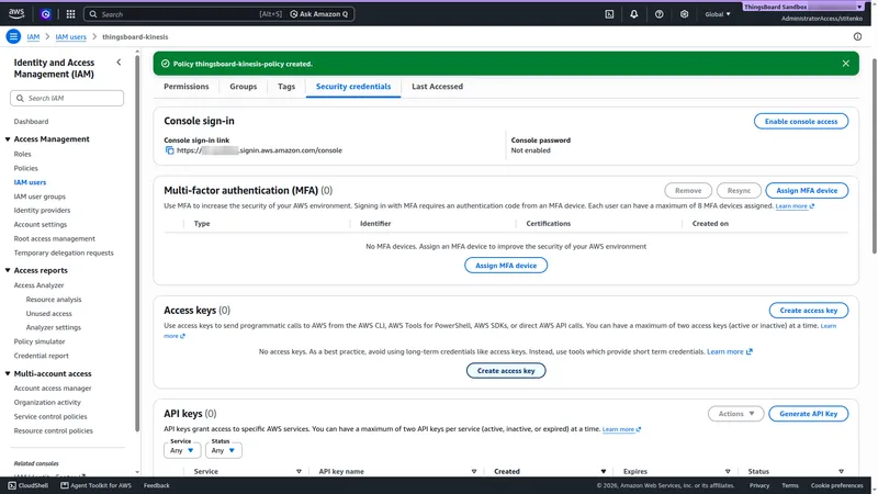 IAM user thingsboard-kinesis, Security credentials tab, with the Policy thingsboard-kinesis-policy created banner and the Create access key button
