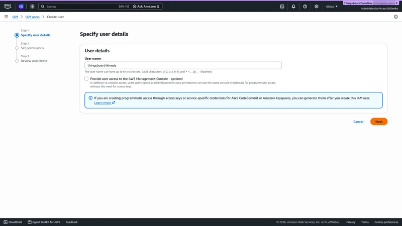 IAM Create user wizard, Specify user details step, with User name thingsboard-kinesis and console access turned off