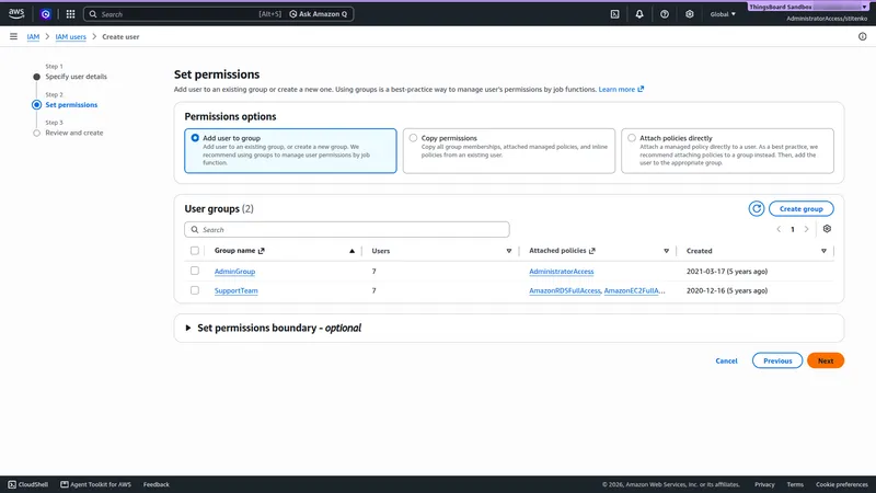 IAM Create user wizard, Set permissions step, with no user group selected