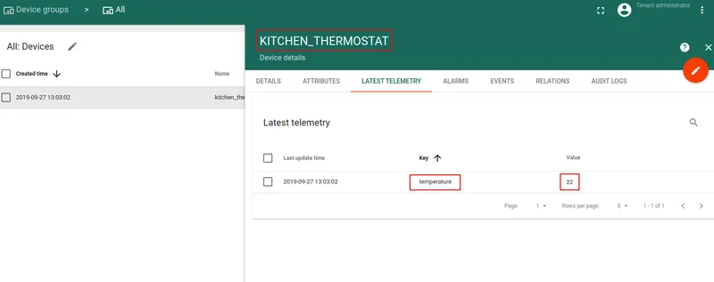 ThingsBoard — device KITCHEN_THERMOSTAT Latest Telemetry tab showing temperature = 22