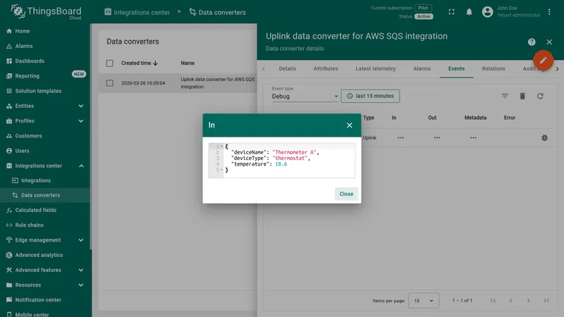 Converter event In dialog showing raw JSON payload: deviceName, deviceType, temperature