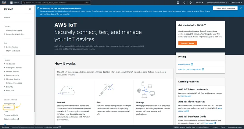 AWS IoT console — Settings link highlighted in the left navigation sidebar