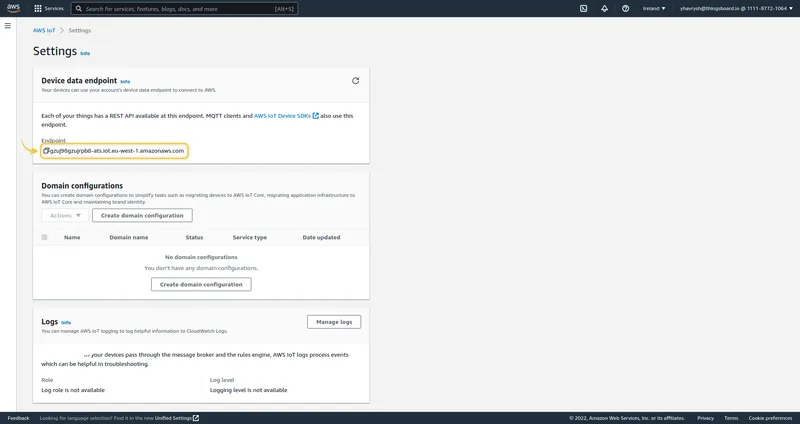 AWS IoT Settings page — Device data endpoint section with endpoint URL highlighted
