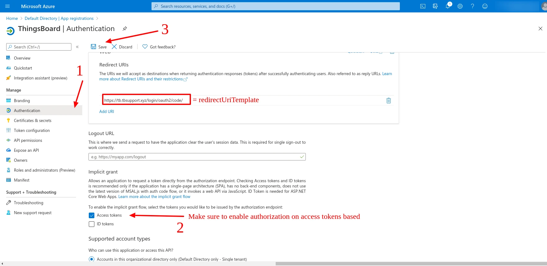 Azure Authentication tab with Access tokens checkbox enabled