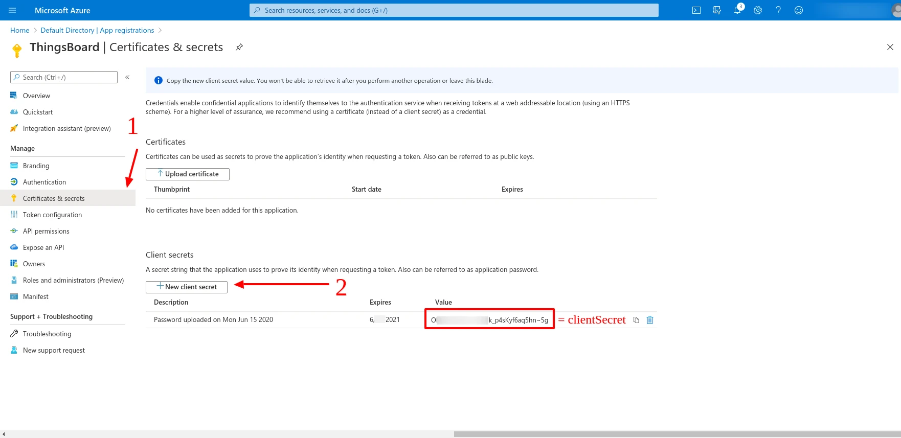 Azure Certificates and secrets page with client secret value