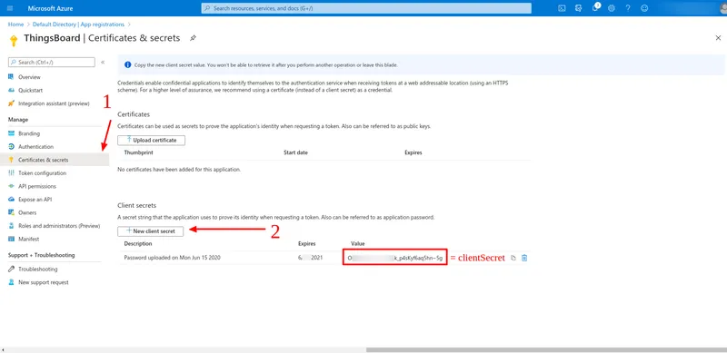 Azure Certificates and secrets page with client secret value