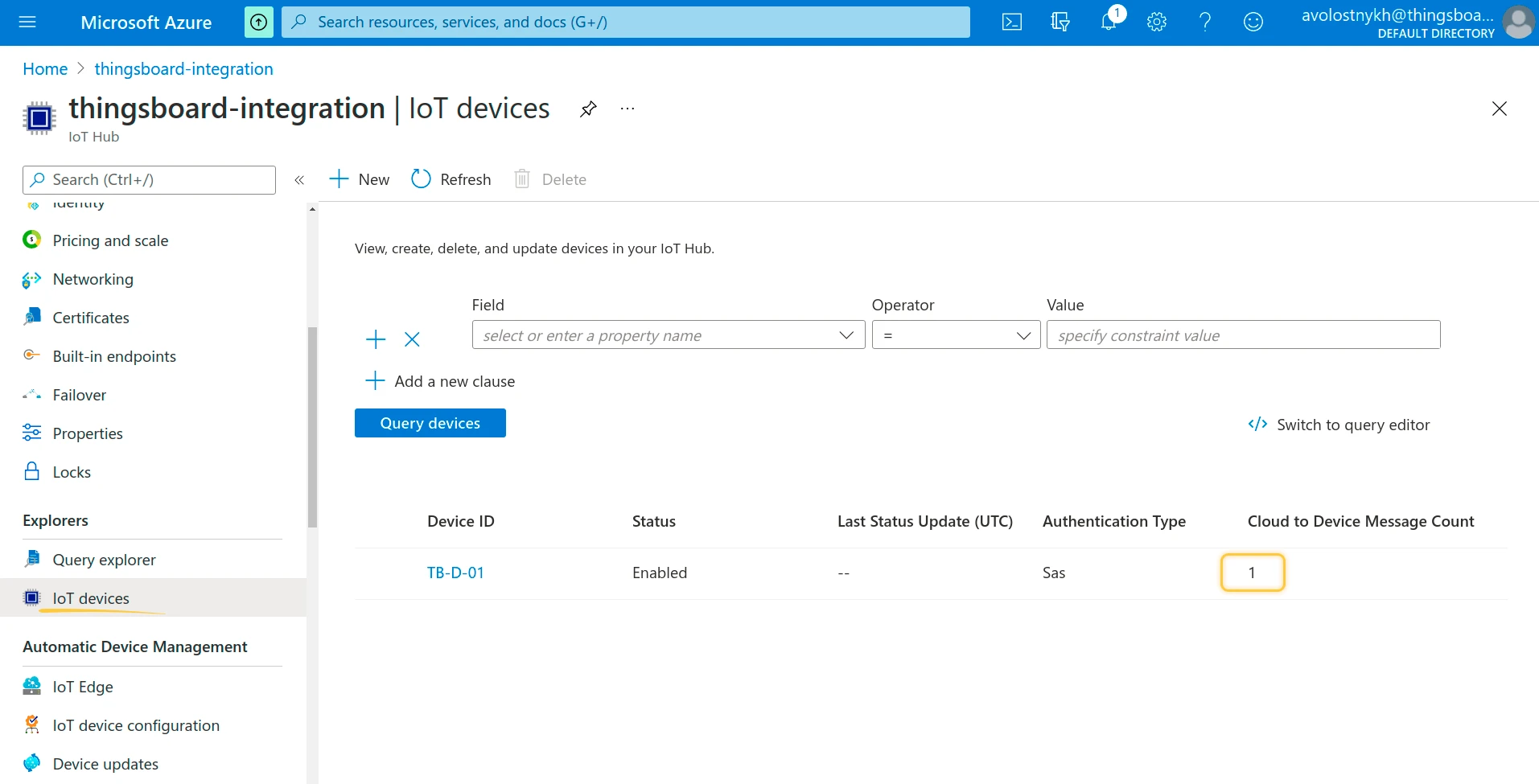 Azure IoT Hub IoT devices page showing TB-D-01 with Cloud to Device Message Count equal to 1