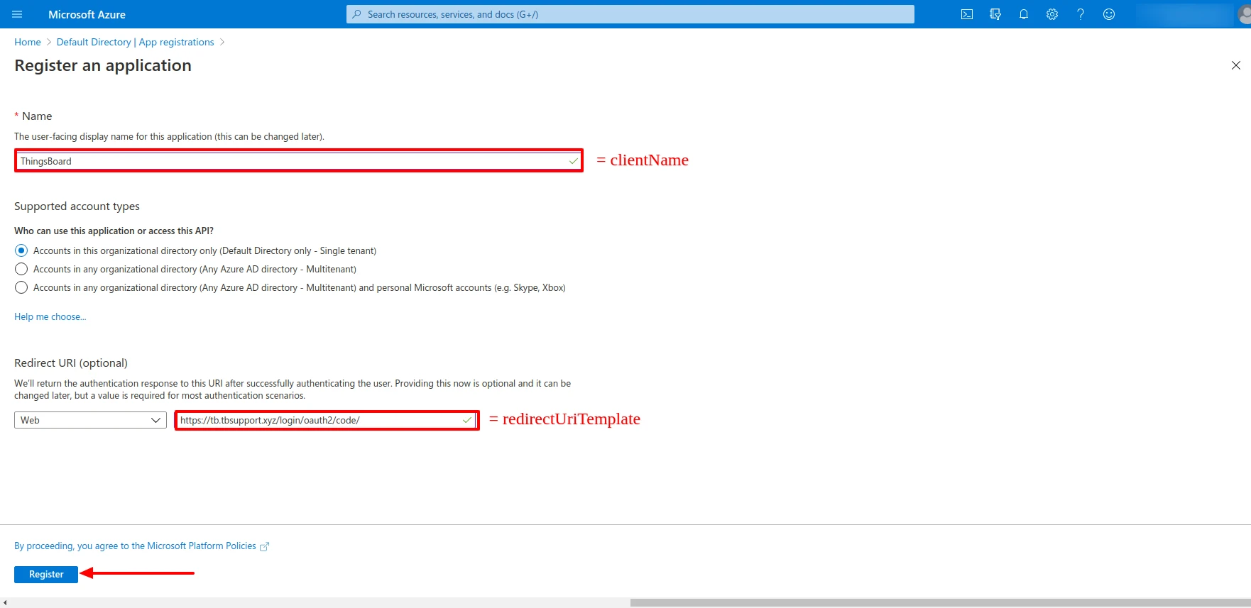 Register an application form in Azure