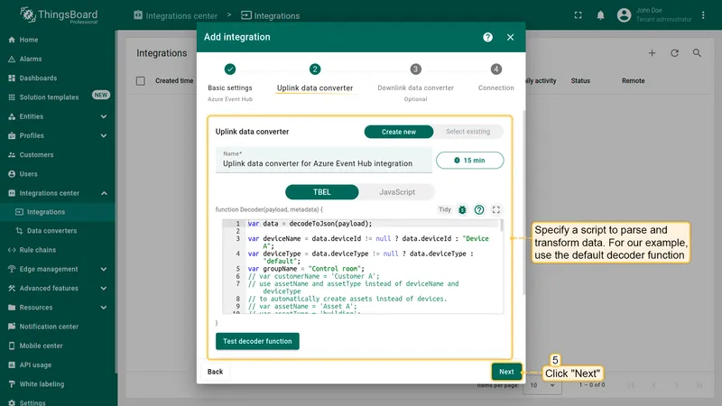 Add integration wizard — Uplink data converter step with Create new tab active and default TBEL decoder function pre-filled