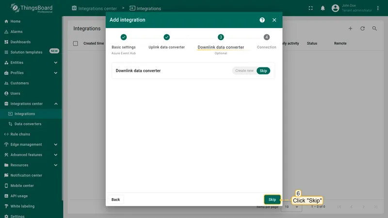Add integration wizard — Downlink data converter step showing Skip button highlighted