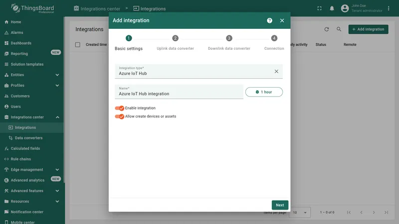 Add integration wizard — Basic settings: Integration type set to Azure IoT Hub, name Azure IoT Hub integration, Enable integration and Allow create devices or assets toggled on