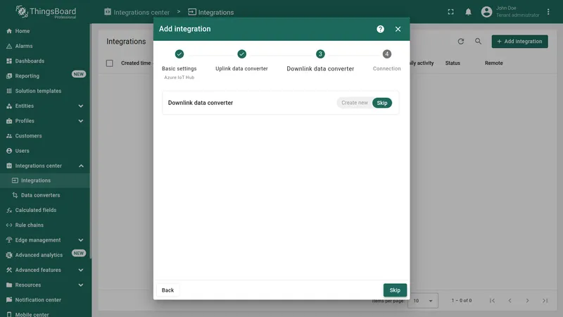 Add integration wizard — Downlink data converter step with Skip button highlighted