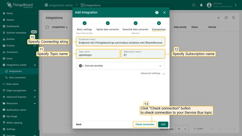 Add integration wizard — Connection: Connection string (10), Topic name uplinktopic (11), Subscription name S1 (12), Check connection button (13)