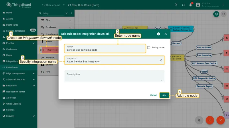 Root Rule Chain edit mode — Add rule node dialog: name Service Bus downlink node, integration Azure Service Bus Integration