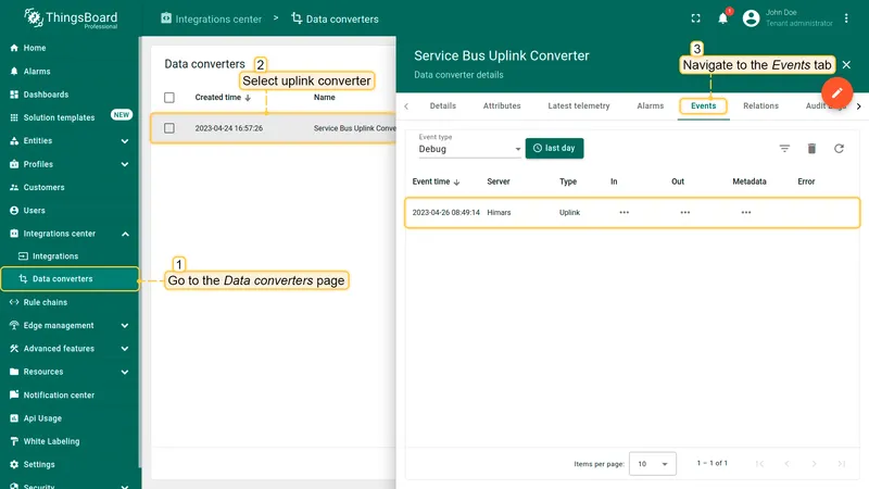 Data converters page — Service Bus Uplink Converter Events tab with one Uplink event row