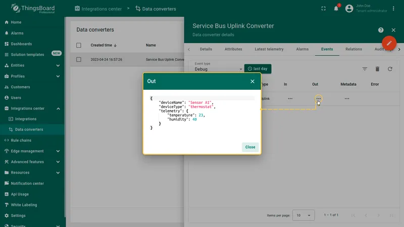 Uplink converter event — Out dialog showing decoded result: deviceName Sensor A1, deviceType thermostat, telemetry temperature 23 humidity 40