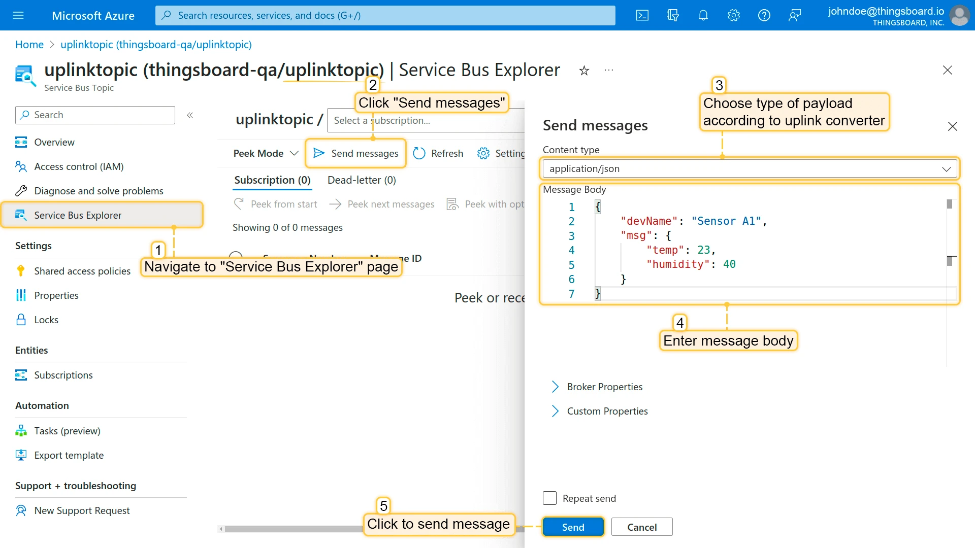 Azure Service Bus Explorer — uplinktopic Send messages panel with application/json content type and JSON payload entered, Send button highlighted