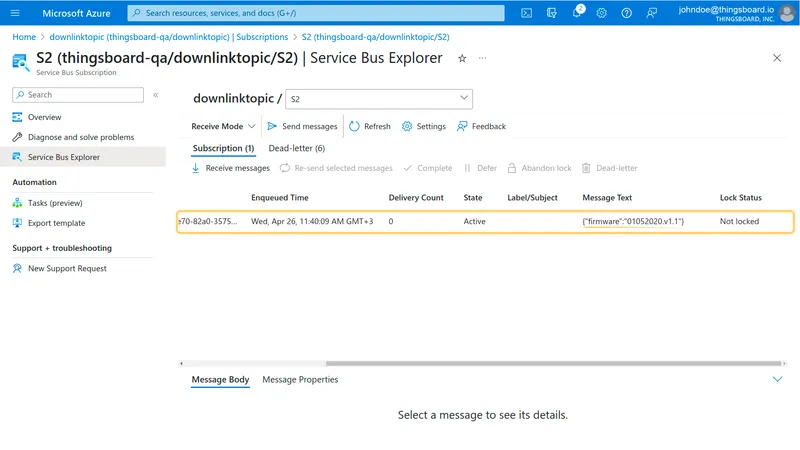 Service Bus Explorer — received message with Message Text showing firmware value 01052020.v1.1