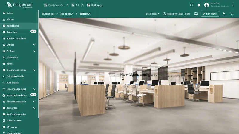 Office dashboard state with floor plan image applied as background and no widgets configured
