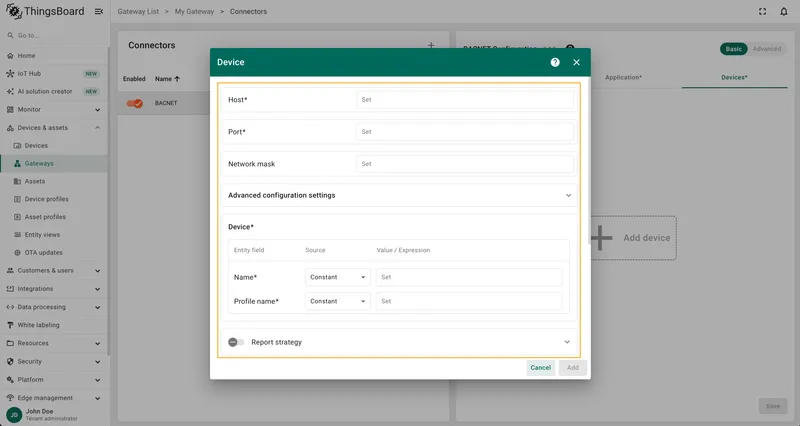 BACnet device configuration form