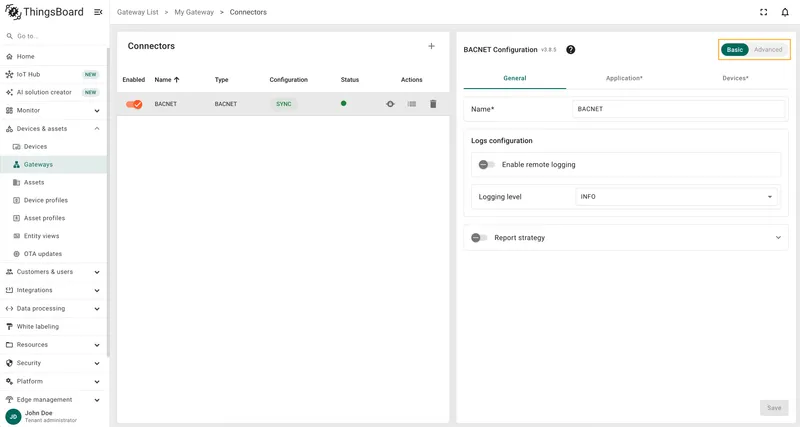 Toggle between Basic and Advanced configuration modes