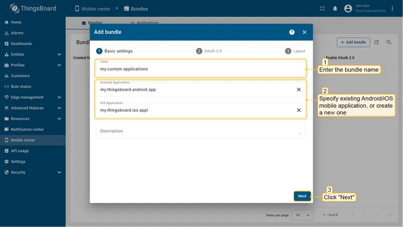 Bundle basic settings with bundle name field and Android/iOS application selectors