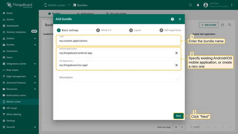 Bundle basic settings with bundle name field and Android/iOS application selectors