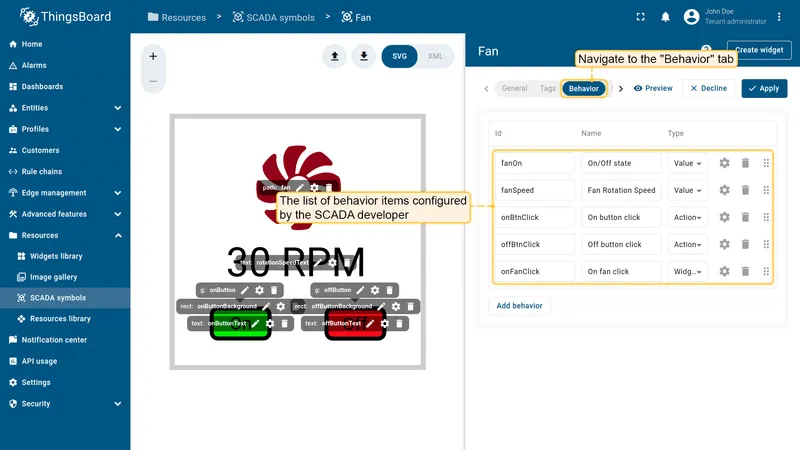 Behavior items - SCADA developer configuration