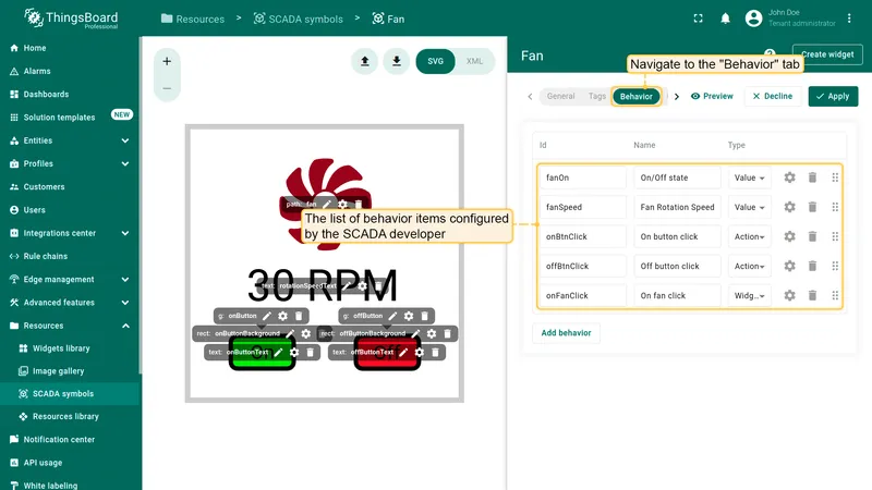Behavior items - SCADA developer configuration