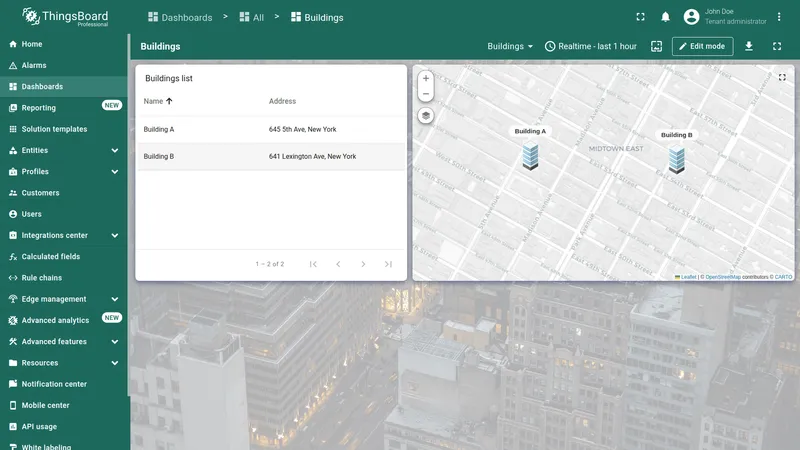 Buildings list widget with Building B row highlighted on hover