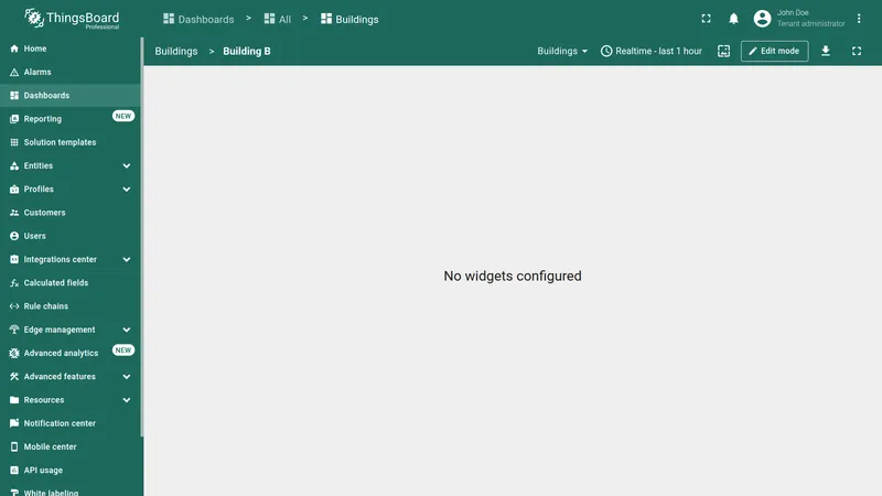 Building B state opened with breadcrumb "Buildings > Building B" and empty dashboard