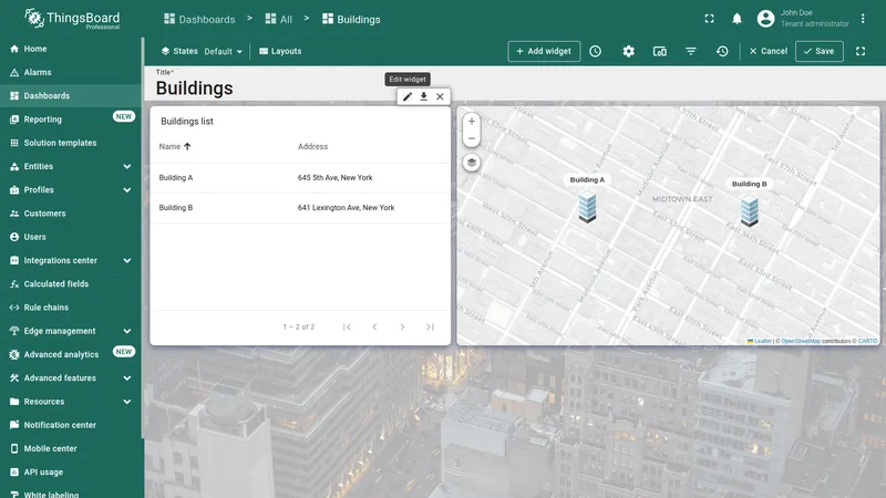 Default Buildings dashboard with Edit mode button