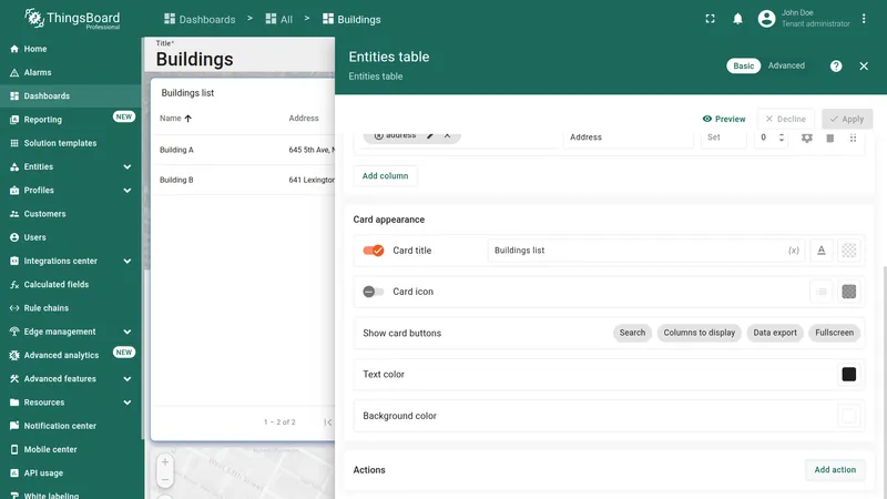 Buildings list widget with edit (pencil) icon