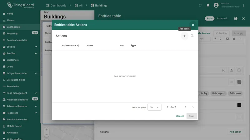 Entities table widget settings with Actions section visible