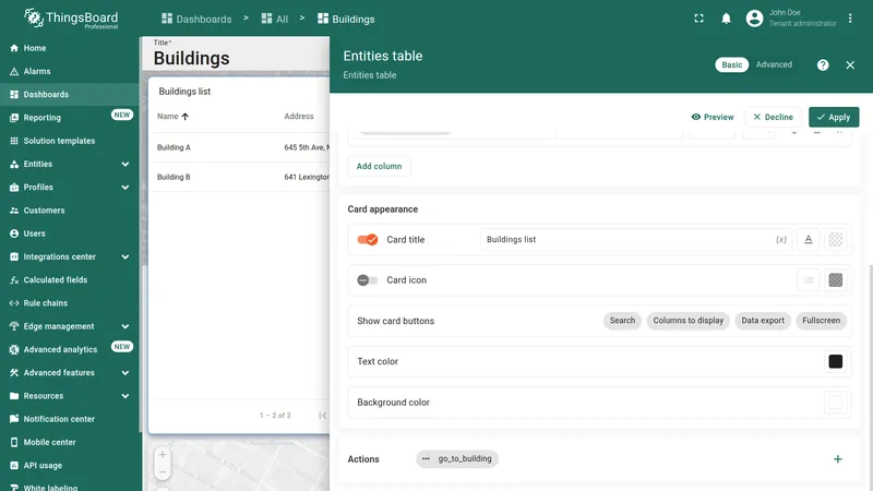 Add action dialog with configured navigation action