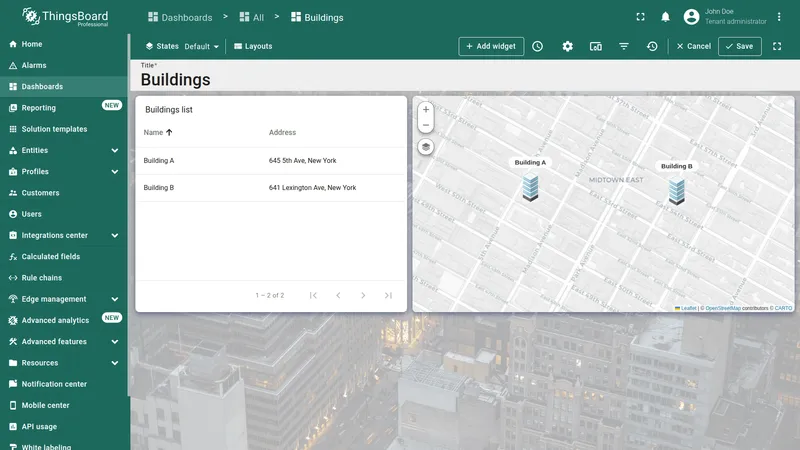 Entities table Actions dialog with configured action listed