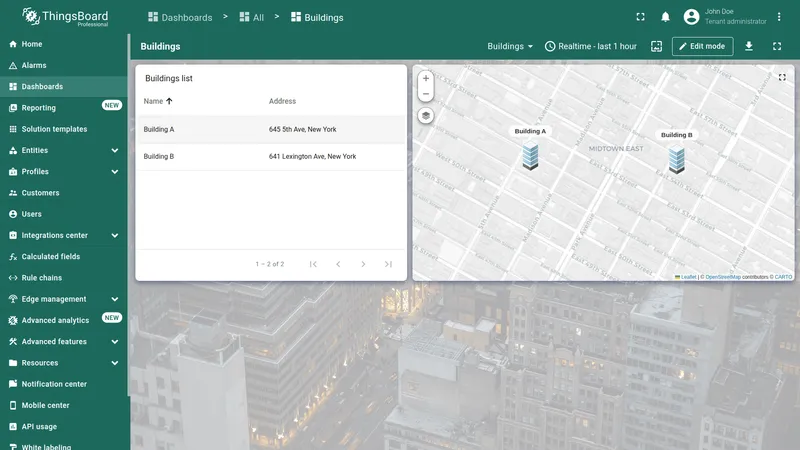 Buildings list widget in view mode with Building A row highlighted on hover