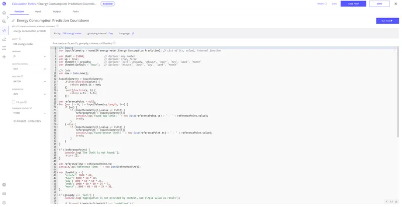 Calculated field editor showing the time-to-event batch script configuration