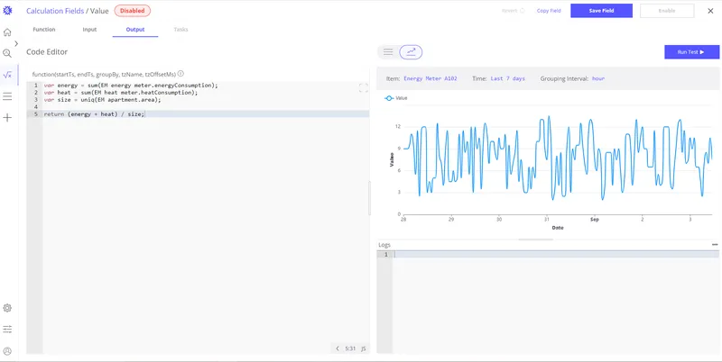 Calculated field Output tab showing calculation results and log output