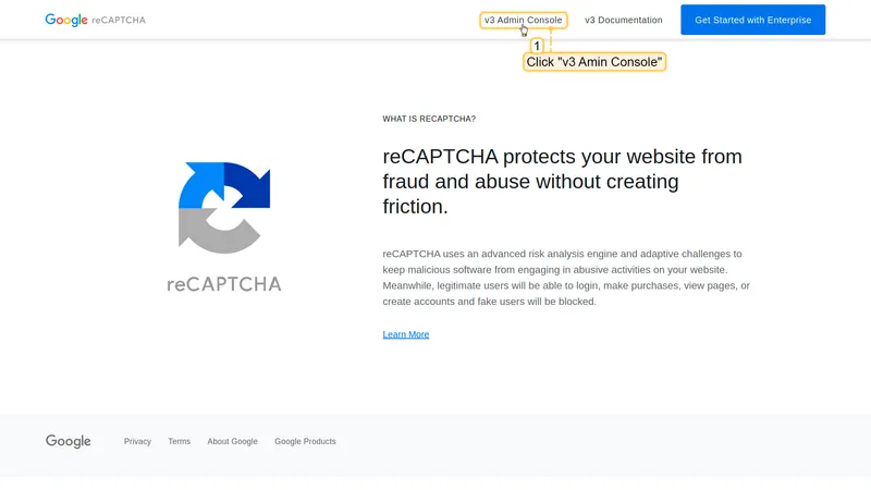 Google reCAPTCHA homepage with v3 Admin Console and Get Started links