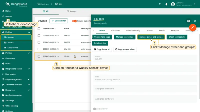 Open device SD-001 and click Manage owner and groups