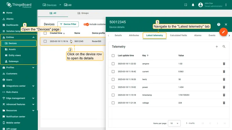 ThingsBoard Devices page showing the auto-created DRN 500 device entry