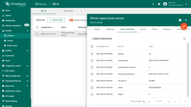 Click on the device and the most recent data from the device will be visible in the "Latest telemetry" tab.