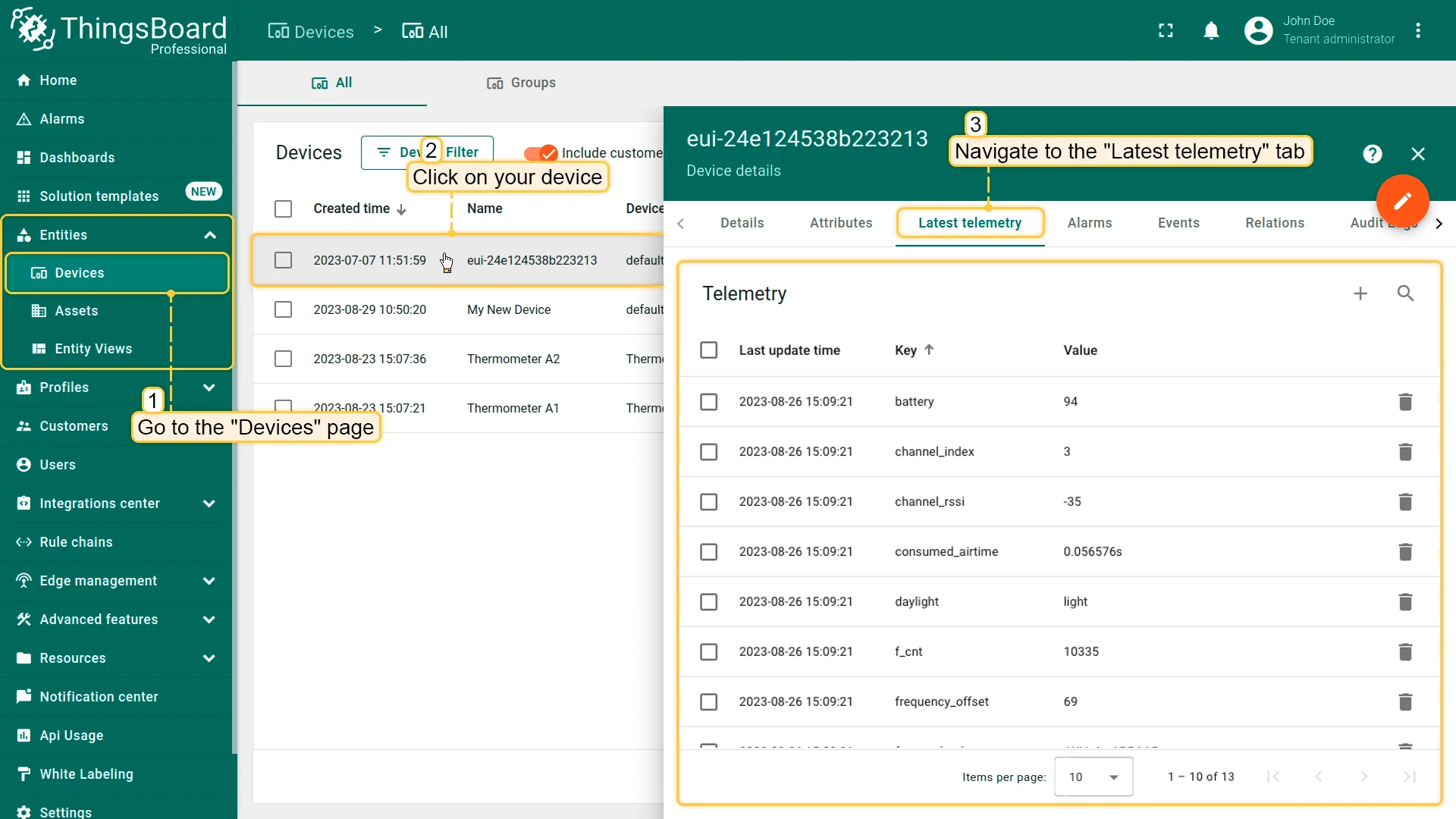 Open "Devices" page in "Entities" section. The device should be in devices list. You can check the data by clicking the device and navigate to the "Attributes" or "Latest telemetry" tab.